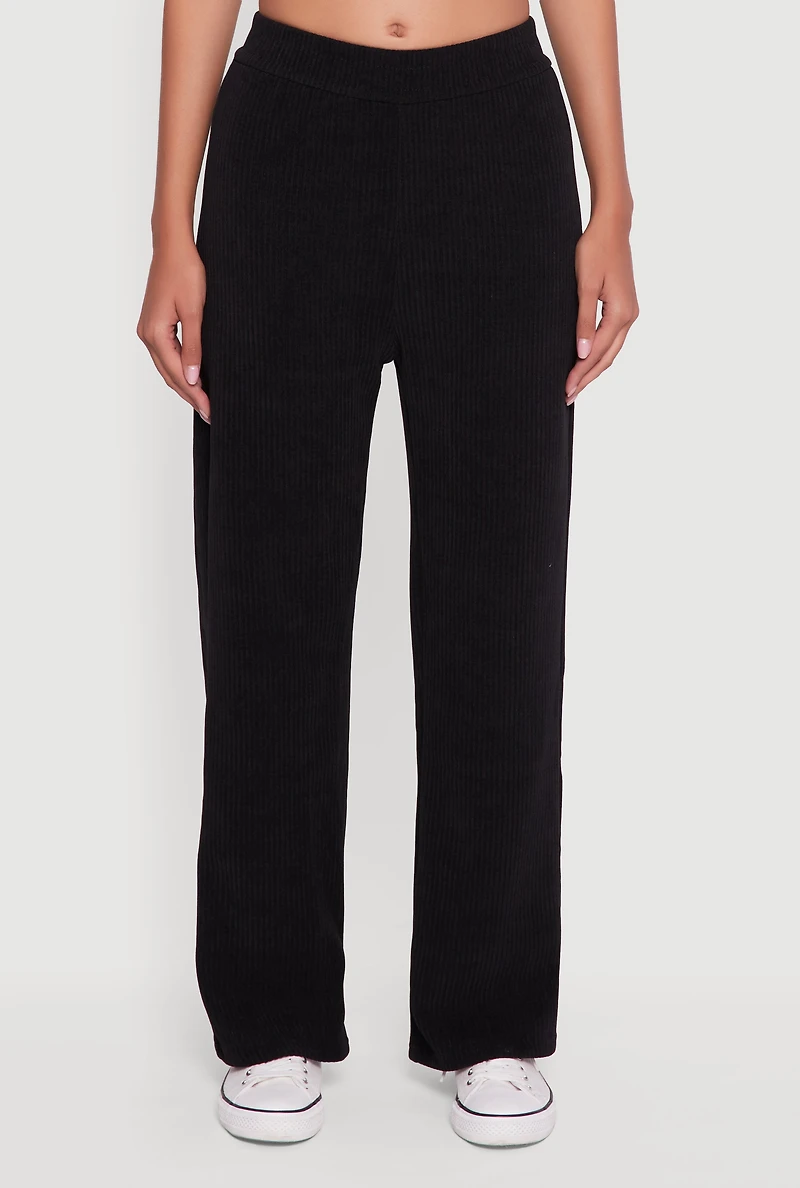 Womens Mid Rise Wide Leg Ribbed Knit Pants, Black, Size L