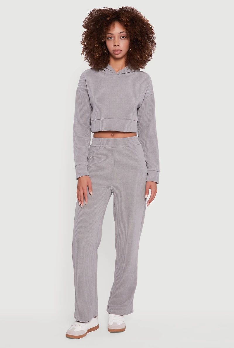 Womens Mid Rise Wide Leg Ribbed Knit Pants,