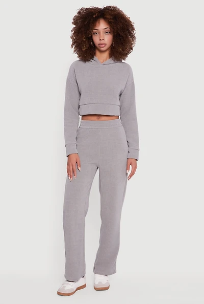 Womens Mid Rise Wide Leg Ribbed Knit Pants,