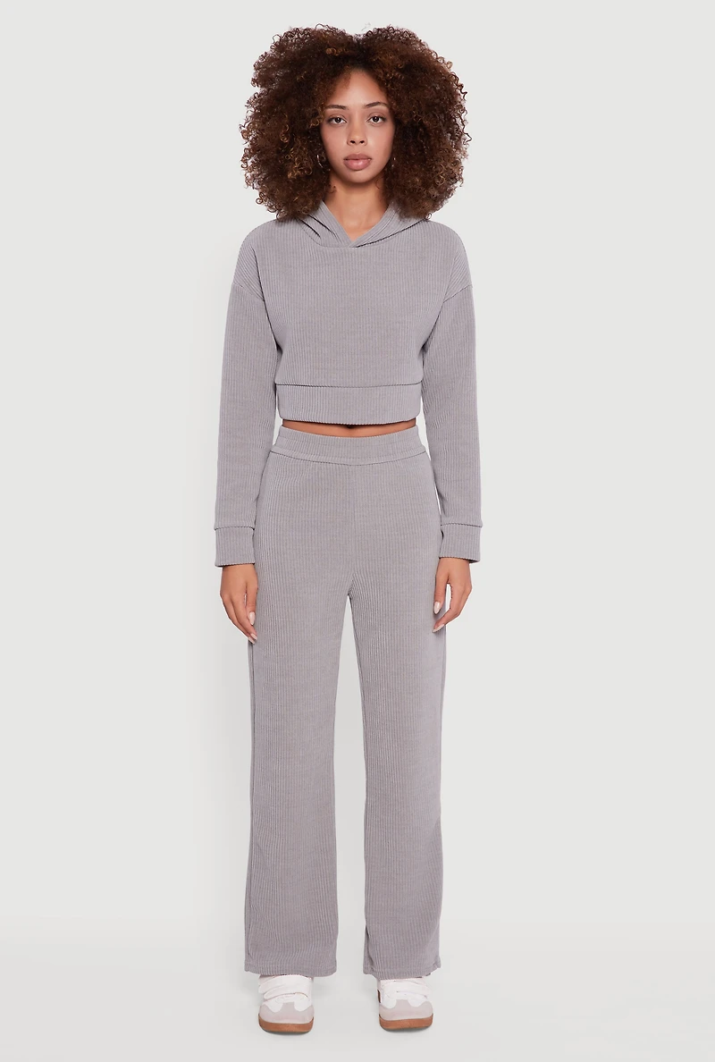 Womens Mid Rise Wide Leg Ribbed Knit Pants,