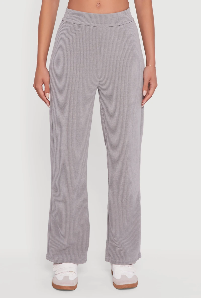 Womens Mid Rise Wide Leg Ribbed Knit Pants,