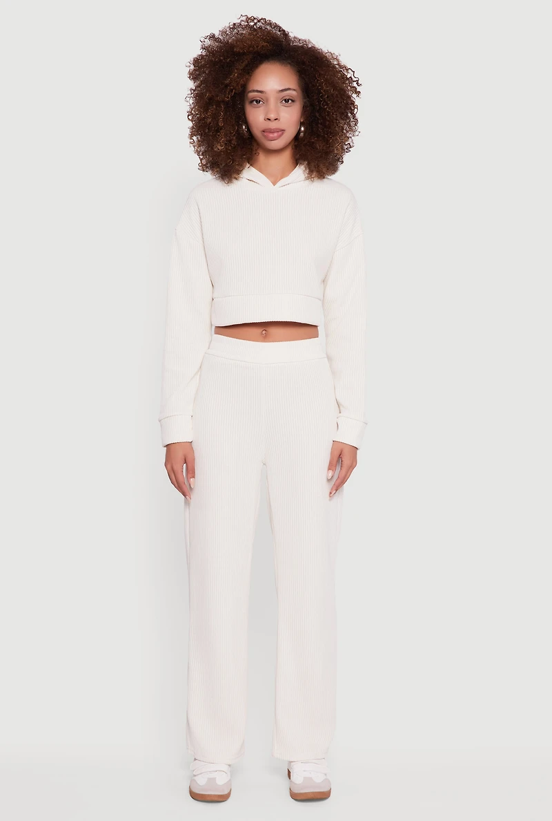 Womens Mid Rise Wide Leg Ribbed Knit Pants, White, Size S