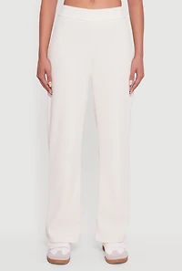 Womens Mid Rise Wide Leg Ribbed Knit Pants, White, Size S