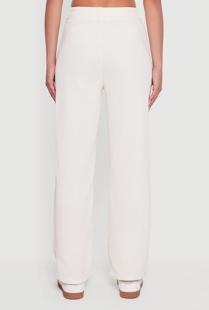 Womens Mid Rise Wide Leg Ribbed Knit Pants, White, Size S