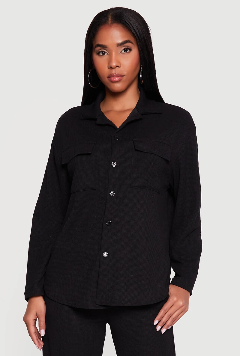 Collared Textured Knit Button Front Shirt