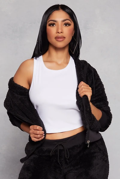 Womens Solid Plush Zip Front Hoodie, Black, Size M