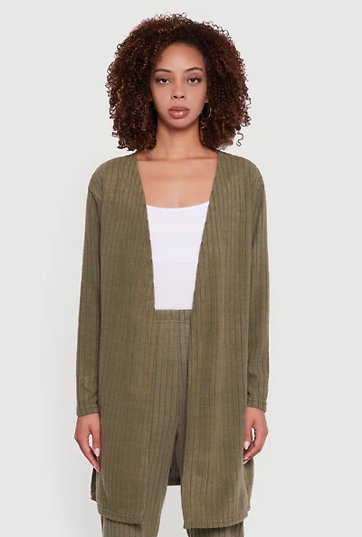 Womens Brushed Ribbed Knit Long Sleeve Duster, Green,