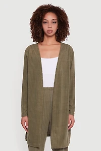 Womens Brushed Ribbed Knit Long Sleeve Duster, Green,