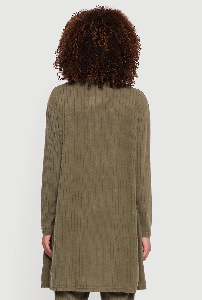Womens Brushed Ribbed Knit Long Sleeve Duster, Green,
