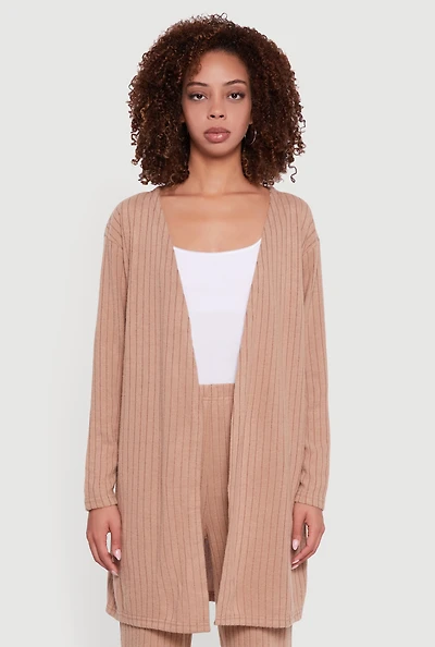 Womens Brushed Ribbed Knit Long Sleeve Duster, Beige, Size S