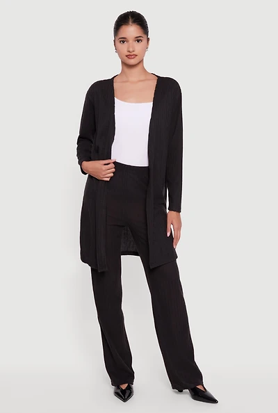 Womens Brushed Rib Knit Pull On Straight Leg Pants, Black,