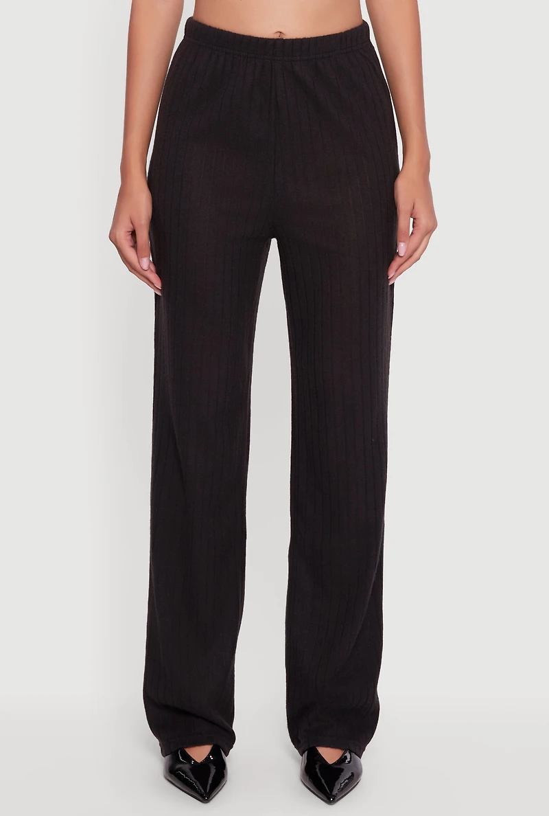 Womens Brushed Rib Knit Pull On Straight Leg Pants, Black, Size M