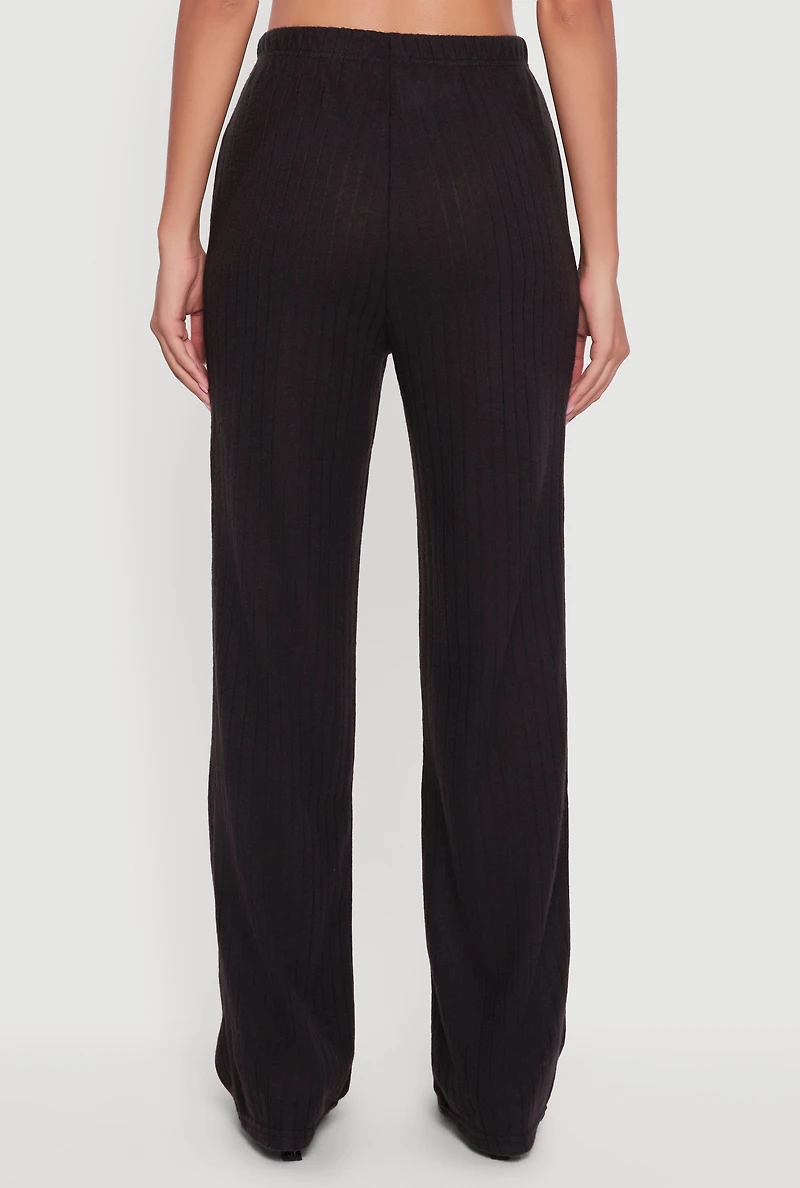 Womens Brushed Rib Knit Pull On Straight Leg Pants, Black, Size M