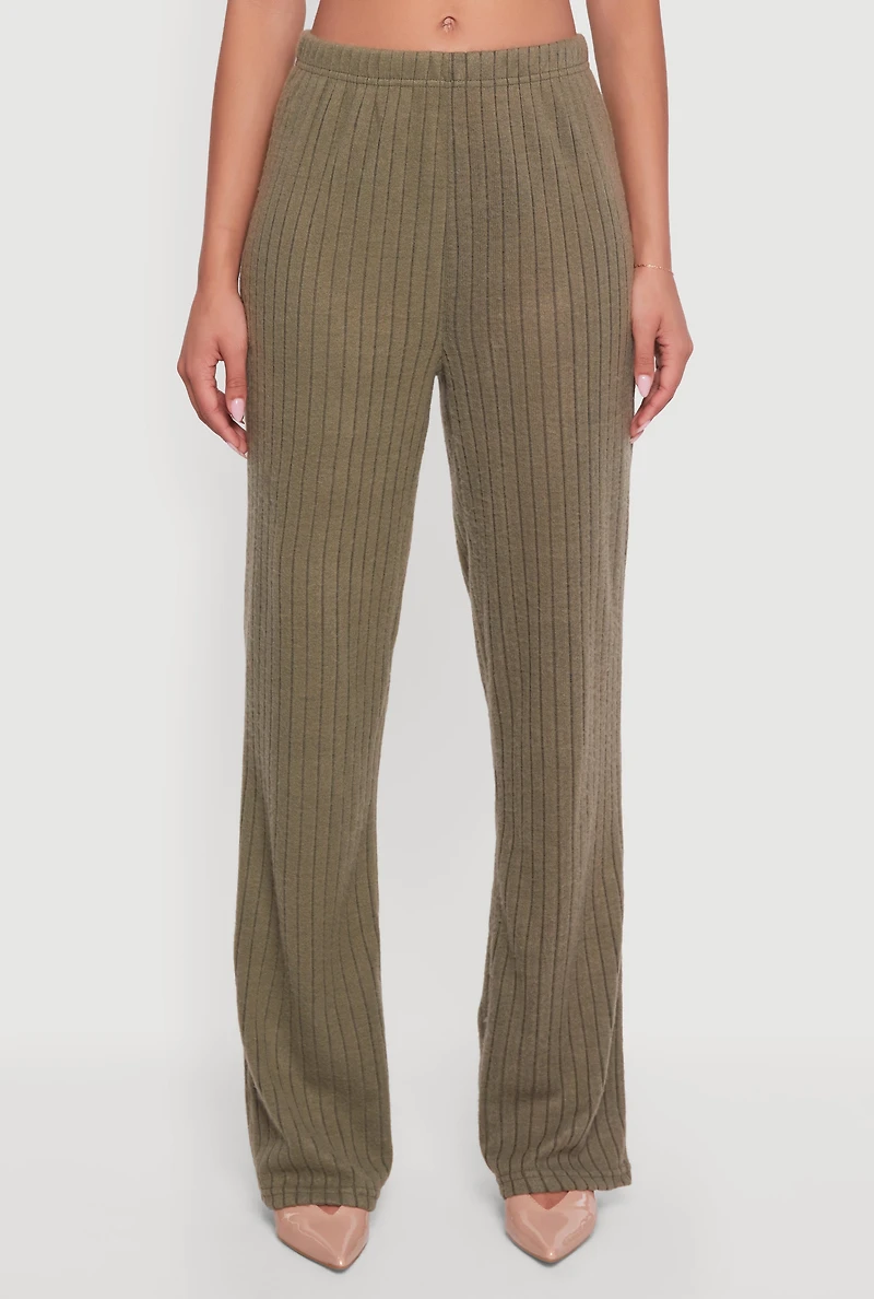 Womens Brushed Rib Knit Pull On Straight Leg Pants, Green, Size L
