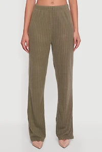 Womens Brushed Rib Knit Pull On Straight Leg Pants, Green, Size L