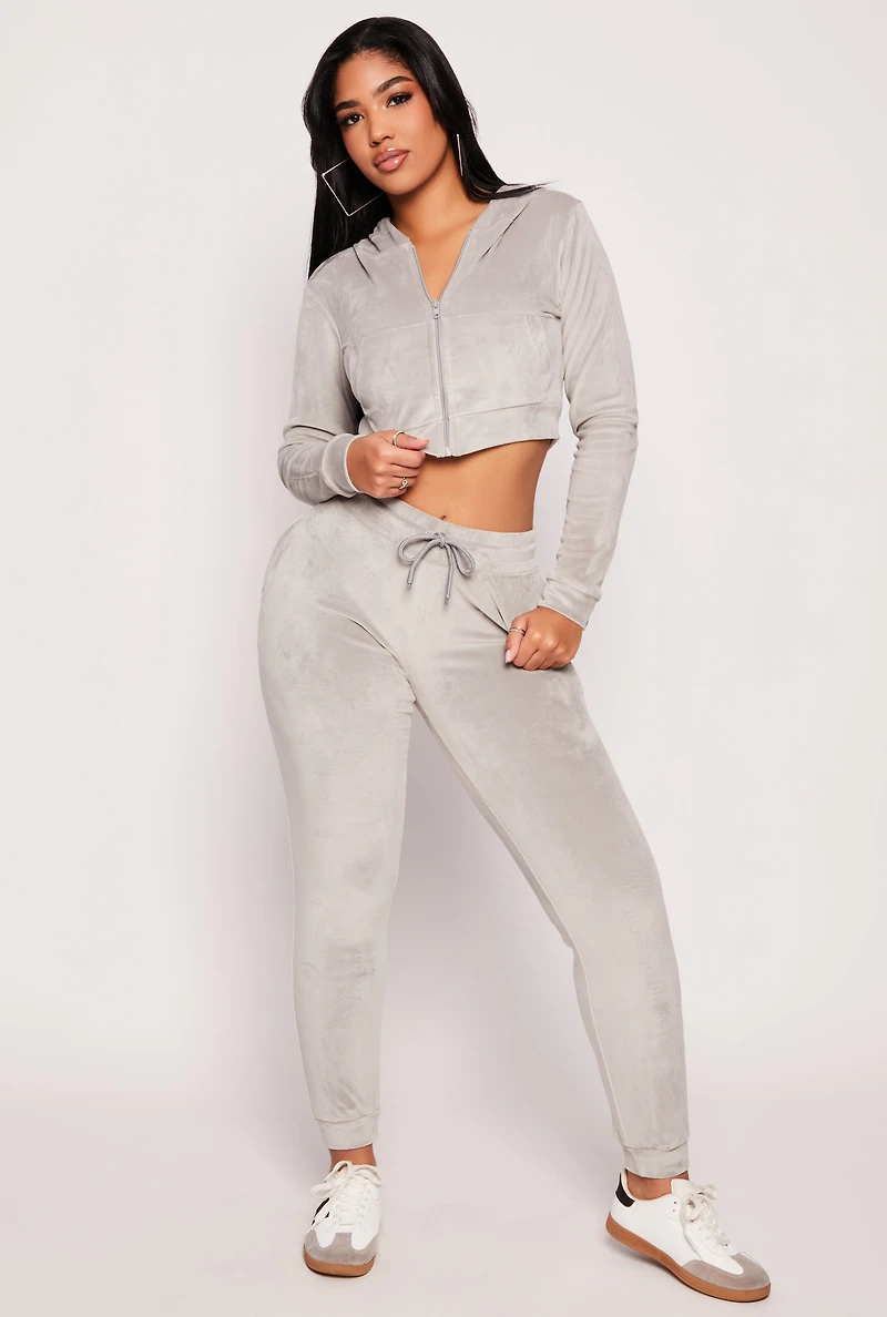 Womens Velour Zip Front Cropped Hoodie, Grey, Size M