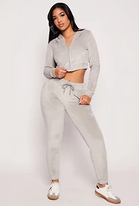 Womens Velour Zip Front Cropped Hoodie, Grey, Size M