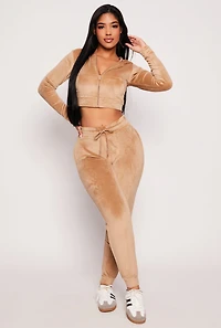 Womens Velour Zip Front Cropped Hoodie,