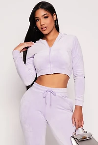 Velour Zip Front Cropped Hoodie
