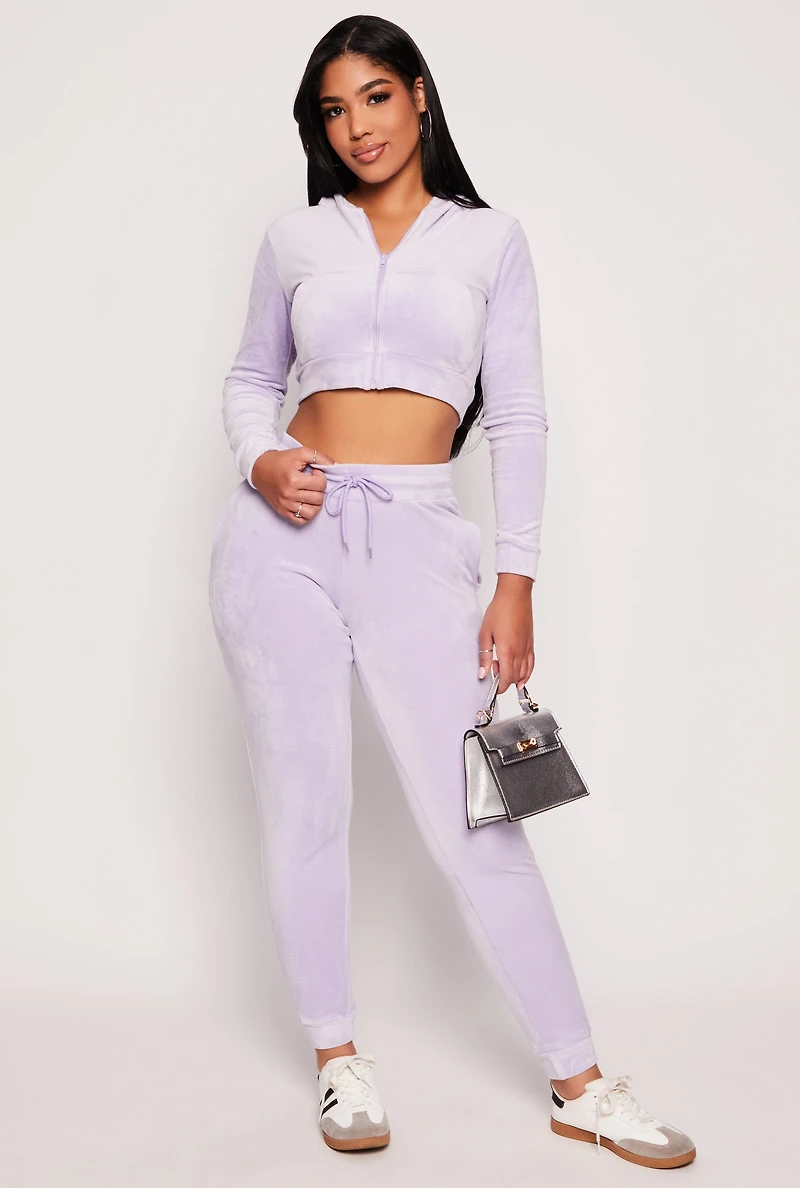 Velour Zip Front Cropped Hoodie