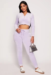 Velour Zip Front Cropped Hoodie