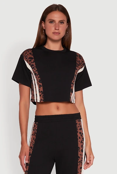 Womens Animal Print Varsity Stripe Side Crop Top, Black, Size S