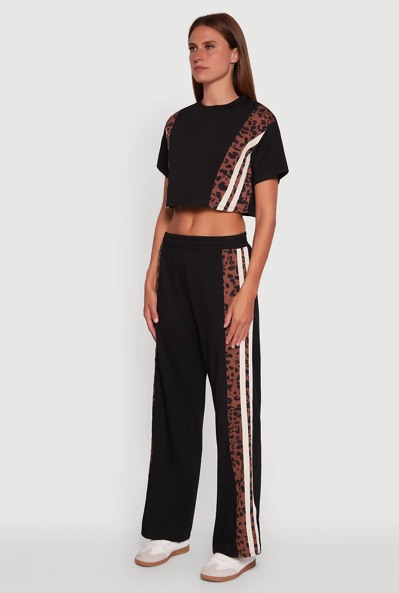 Womens Animal Print Varsity Stripe Side Crop Top, Black, Size L