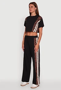 Womens Animal Print Varsity Stripe Side Crop Top, Black, Size L