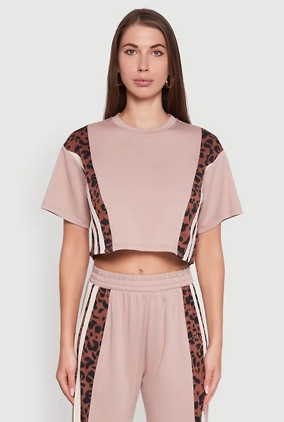 Womens Animal Print Varsity Stripe Side Crop Top, Brown,