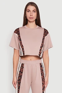 Womens Animal Print Varsity Stripe Side Crop Top, Brown,