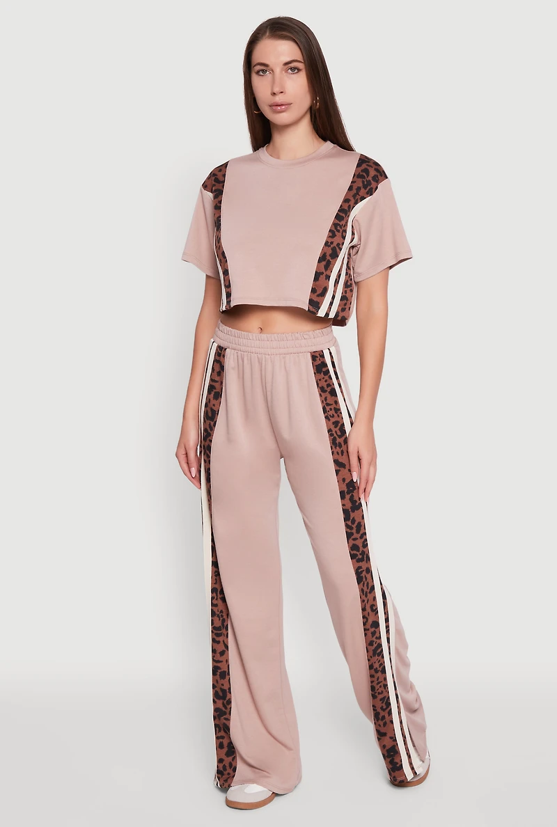 Womens Animal Print Varsity Stripe Side Crop Top, Brown,