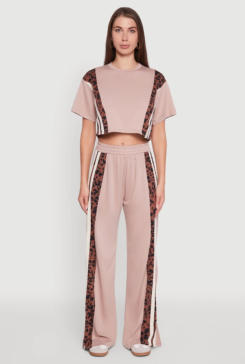 Womens Animal Print Varsity Stripe Side Crop Top, Brown, Size S