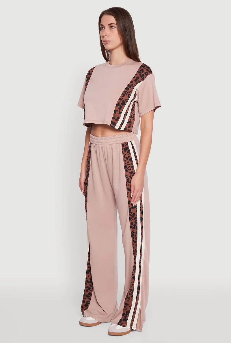 Womens Animal Print Varsity Stripe Side Crop Top, Brown, Size S