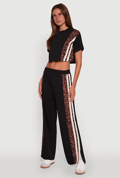 Womens Animal Print Varsity Stripe Side Wide Leg Pants, Multi, Size M