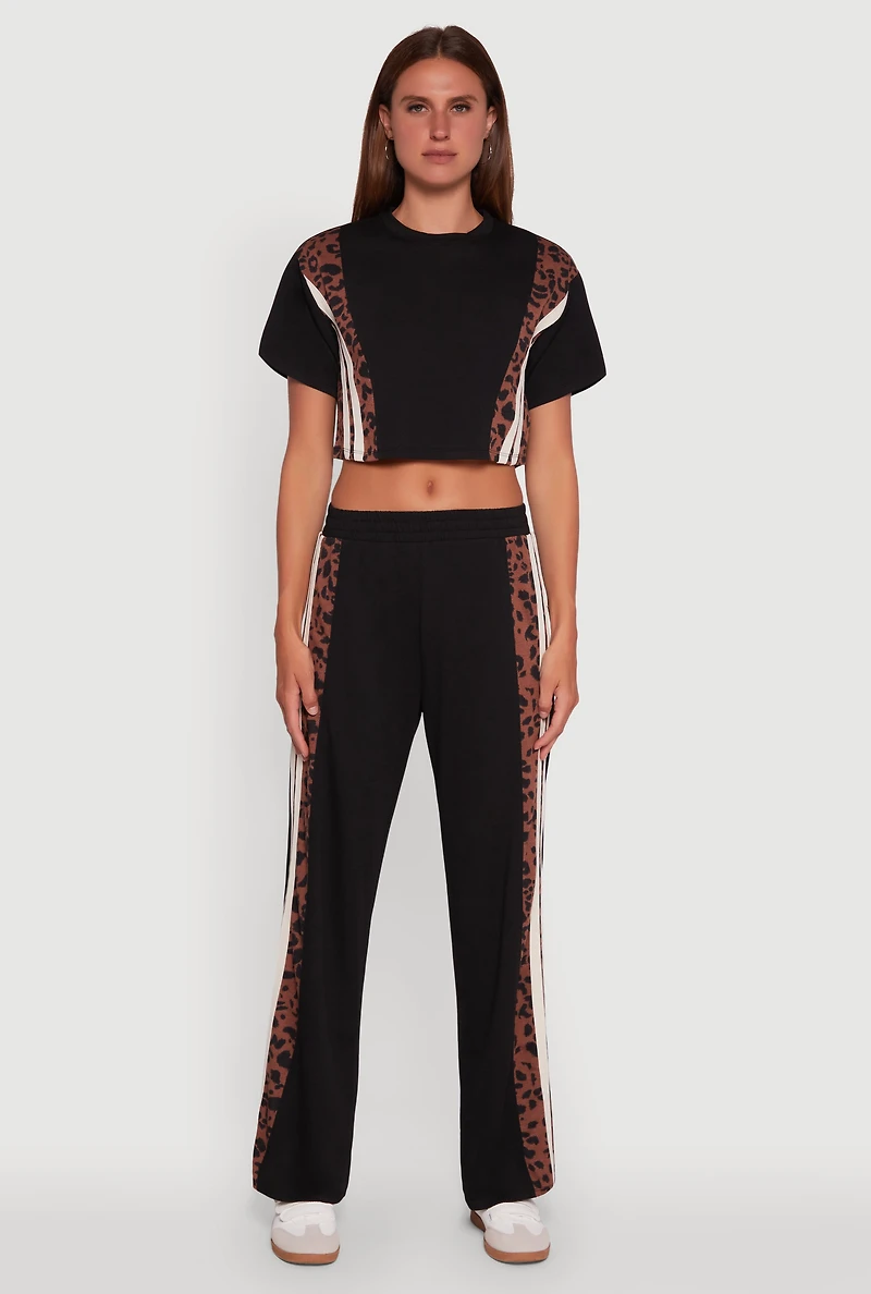 Womens Animal Print Varsity Stripe Side Wide Leg Pants, Multi, Size M
