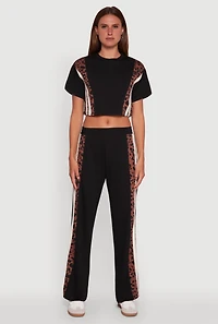 Womens Animal Print Varsity Stripe Side Wide Leg Pants, Multi, Size M