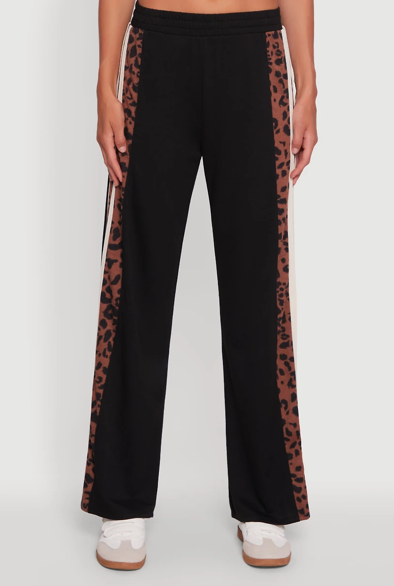 Womens Animal Print Varsity Stripe Side Wide Leg Pants, Multi, Size S