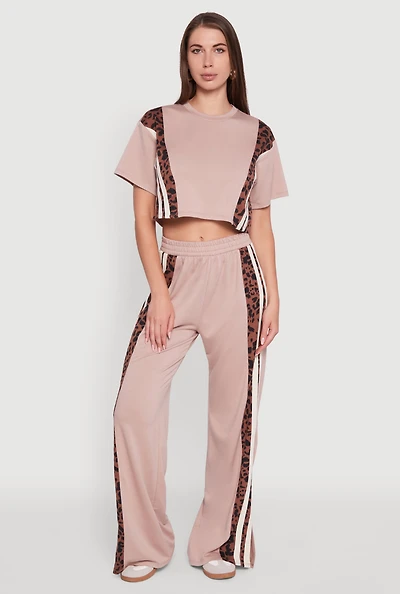 Womens Animal Print Varsity Stripe Side Wide Leg Pants, Brown, Size M