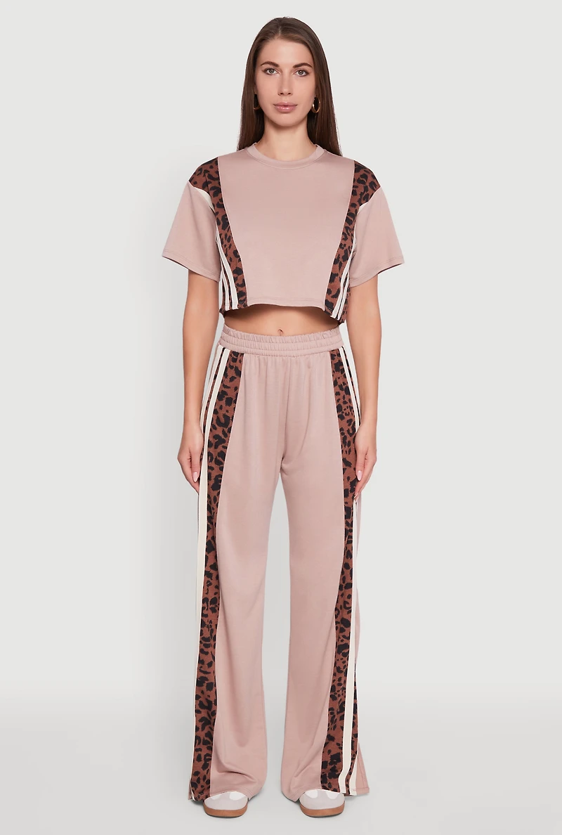 Womens Animal Print Varsity Stripe Side Wide Leg Pants, S