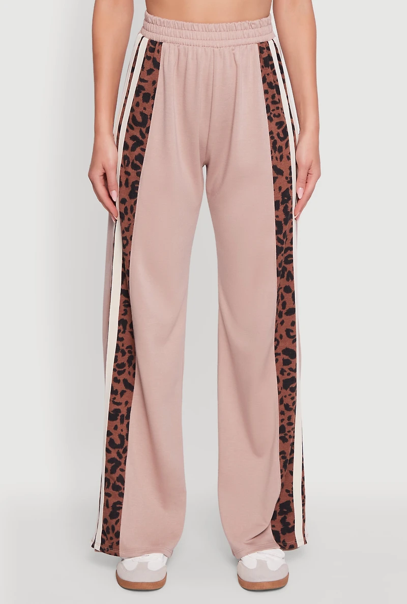 Womens Animal Print Varsity Stripe Side Wide Leg Pants, S