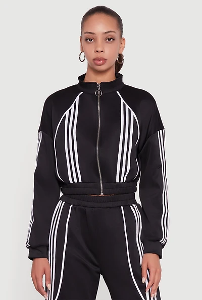 Womens Stripe Detail Cropped Zip Front Track Jacket,