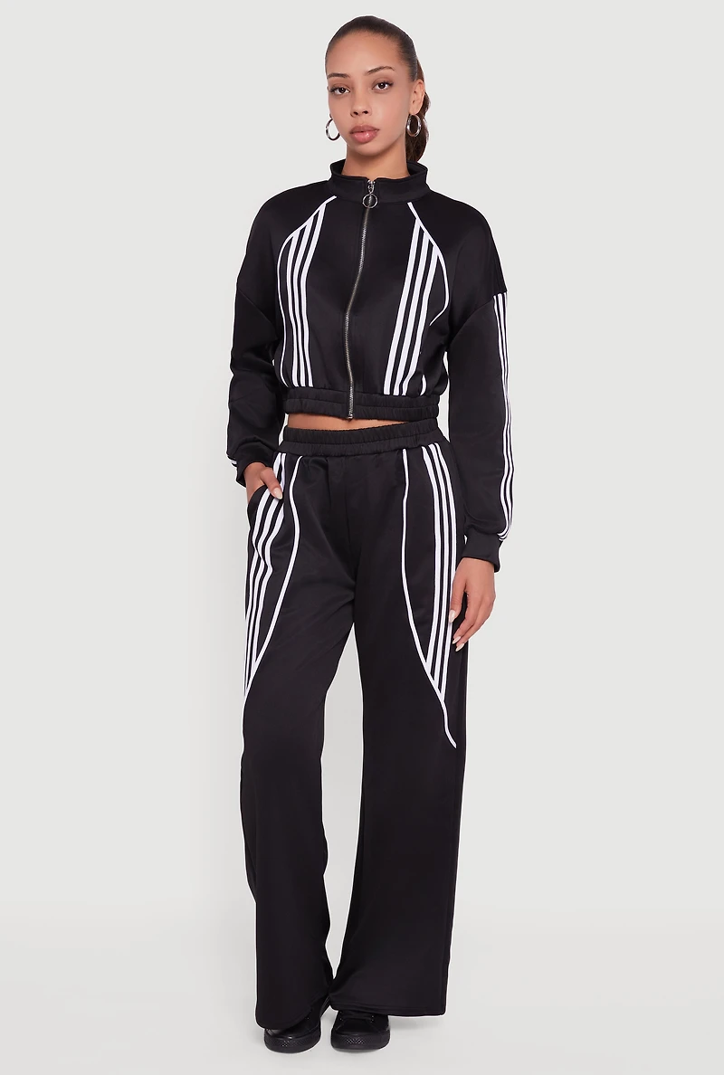 Womens Stripe Detail Cropped Zip Front Track Jacket, Black,