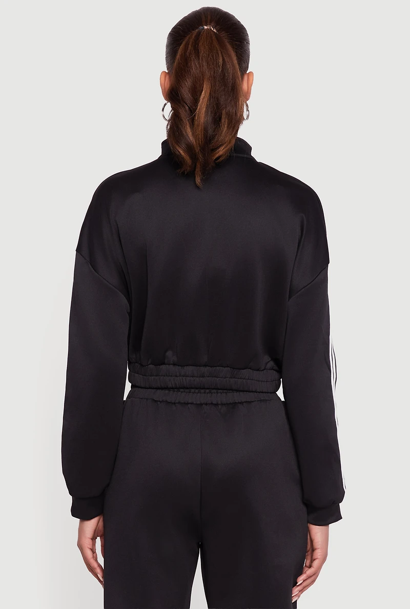 Womens Stripe Detail Cropped Zip Front Track Jacket, Black,