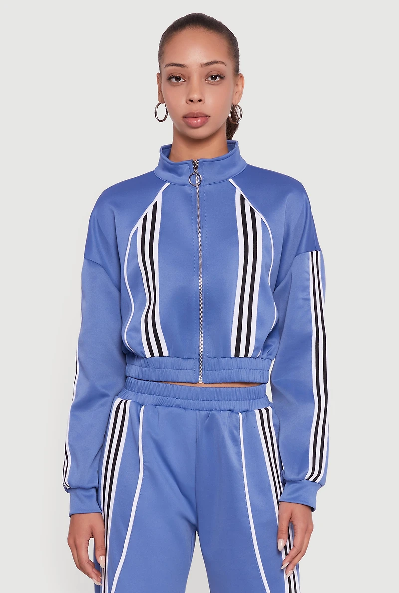 Stripe Detail Cropped Zip Front Track Jacket