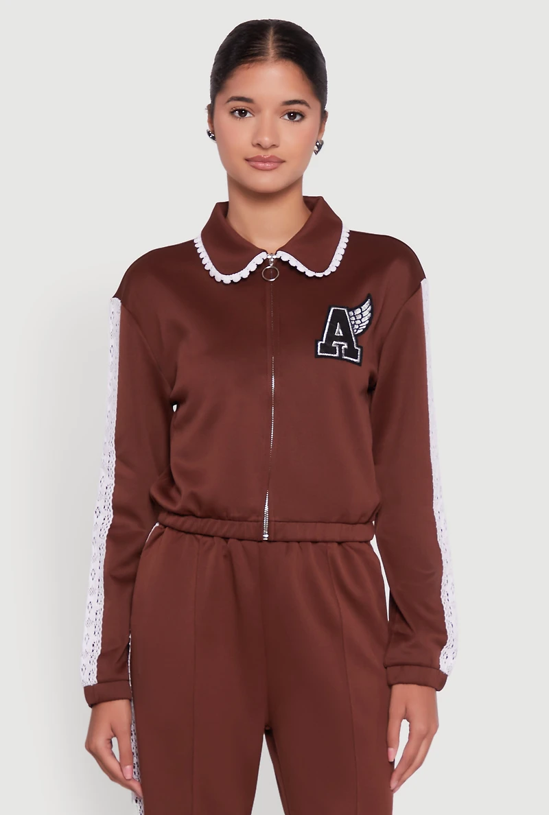 Collared Crochet Trim Graphic Track Jacket