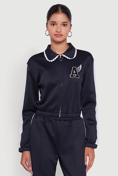 Womens Collared Crochet Trim Graphic Track Jacket, Blue, Size M