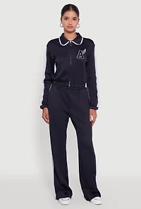 Womens Collared Crochet Trim Graphic Track Jacket, Blue, Size M
