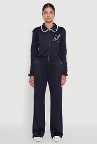 Womens Collared Crochet Trim Graphic Track Jacket, Blue, Size M