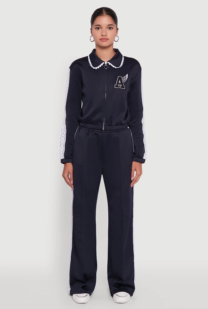Collared Crochet Trim Graphic Track Jacket