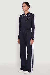 Womens Collared Crochet Trim Graphic Track Jacket, Blue, Size M